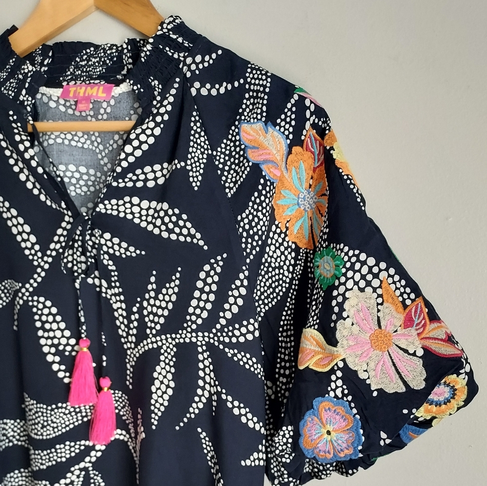 THML Print Embroidered Puff Sleeve Top Popover Blouse Size Small Tassels - Picture 8 of 10